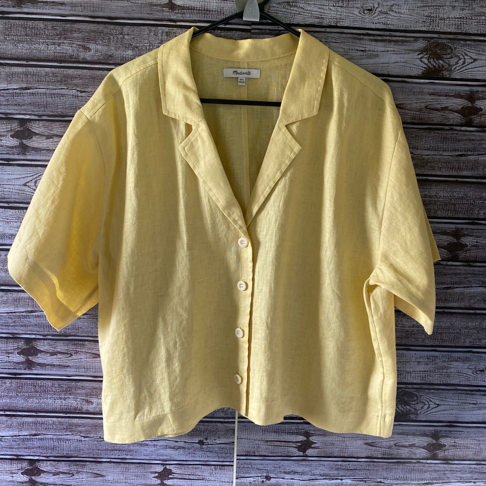 Madewell Women's Short-Sleeved Button-Down Top Size XXL Yellow Cropped Linen